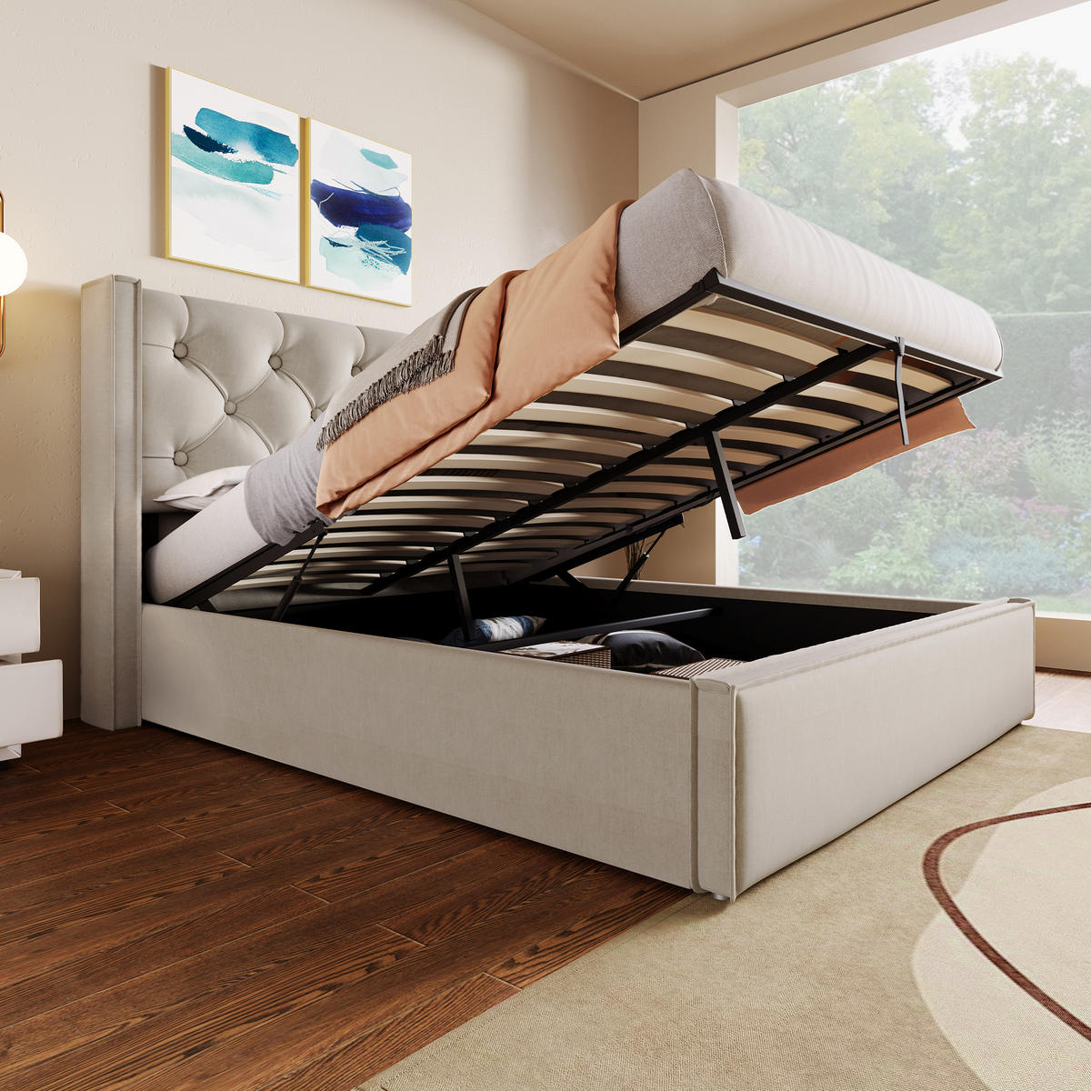 POLSTERBETT 160/200 cm mit hydraulischem Bettkasten, gestepptem Kopfteil, Hellgrau - Hellgrau, Textil (160/200cm) - Redom