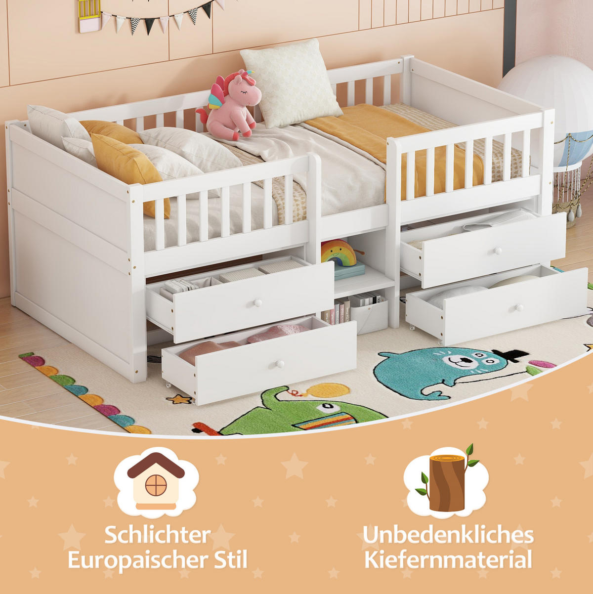 HOCHBETT 90/200 cm weiß mit 4 Schubladen und Sicherheitsgeländer mit Matratze - Weiß, Holzwerkstoff (90/200cm) - OKWISH