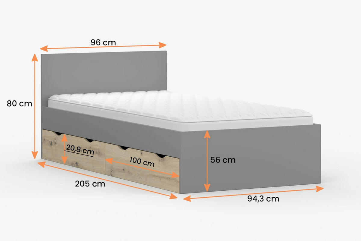 JUGENDBETT JUMI 90/200 in Grau/Eiche Artisan - Eiche Artisan/Grau, Holzwerkstoff (90/200cm) - Deine Möbel 24