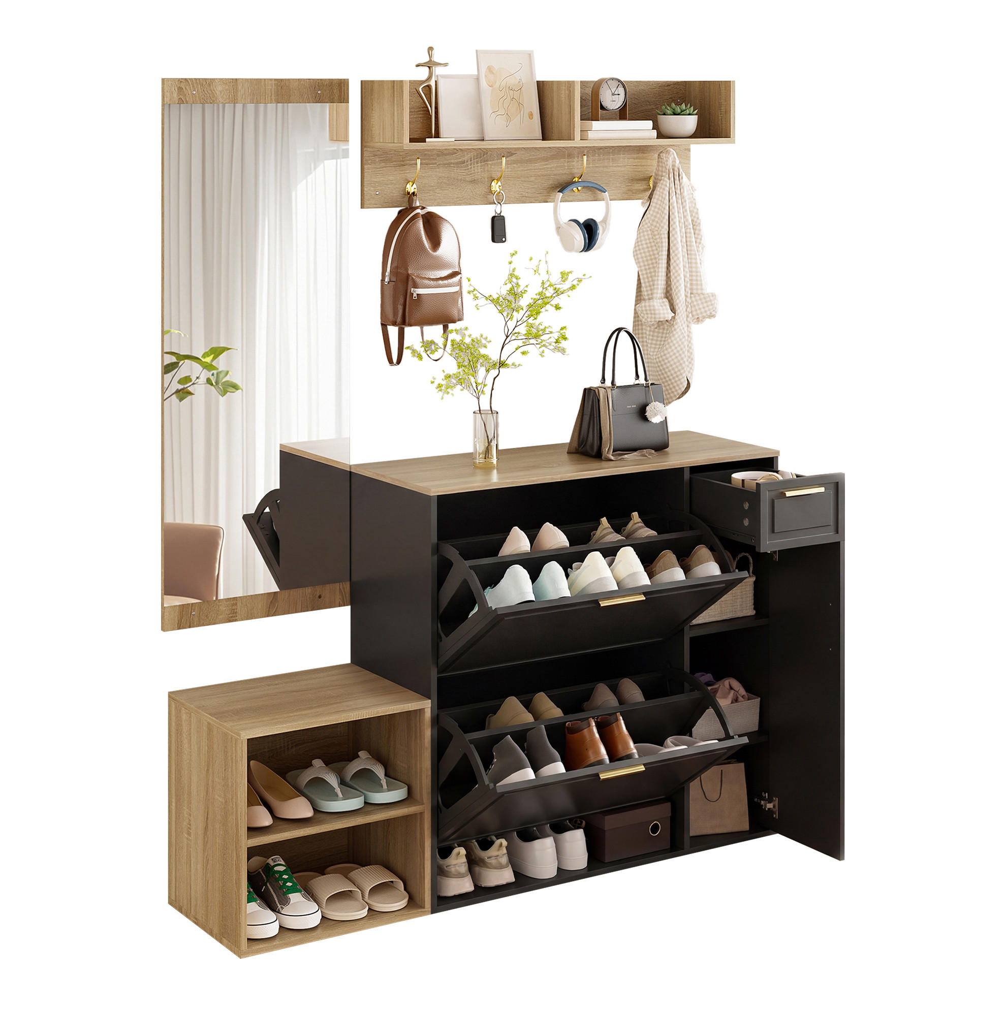 GARDEROBE 139,5/166/35 cm Natur/Schwarz aus Spanplatte mit Spiegel 4er Set - Naturfarben, Holzwerkstoff (30/174/130cm) - OKMYHOME