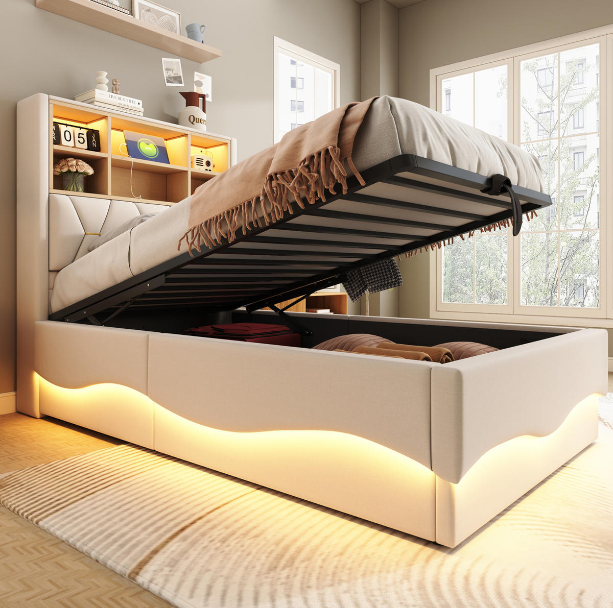 KINDERBETT 90/200 cm in Beige mit Stauraum, LED-Beleuchtung und USB-Anschluss - Beige, Metall (90/200cm) - Flora Grace