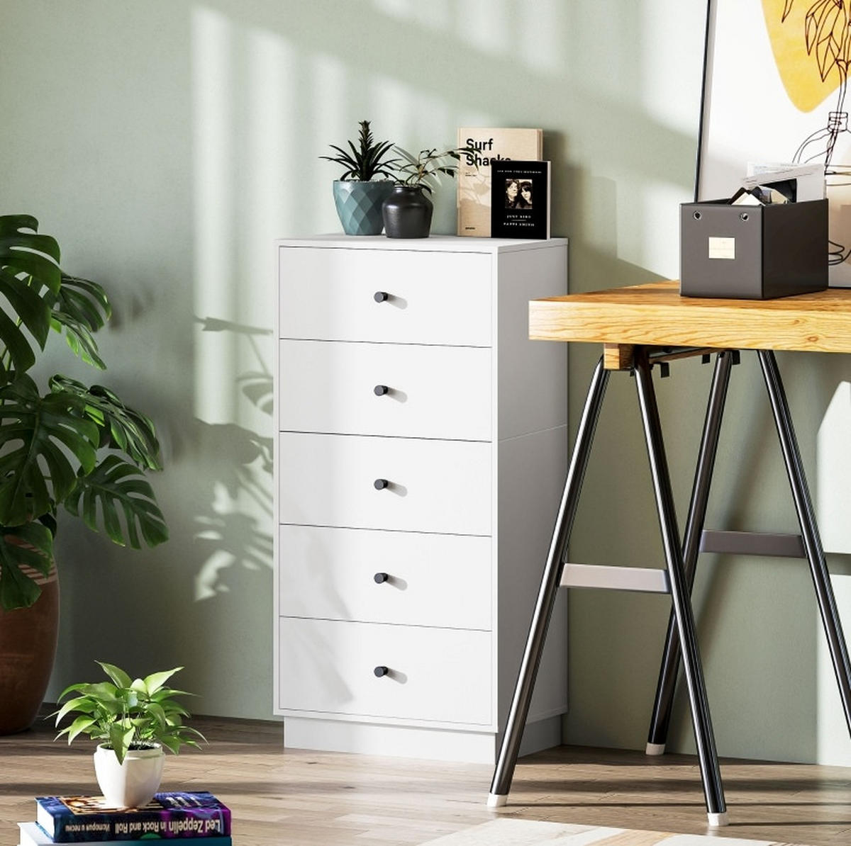 KOMMODE aus Holzwerkstoff 47x29x95 cm Weiß mit 5 Schubladen und Anti-Kipp-Schutz, modernes Design - Weiß, Holzwerkstoff (47/95/29cm) - Modfu