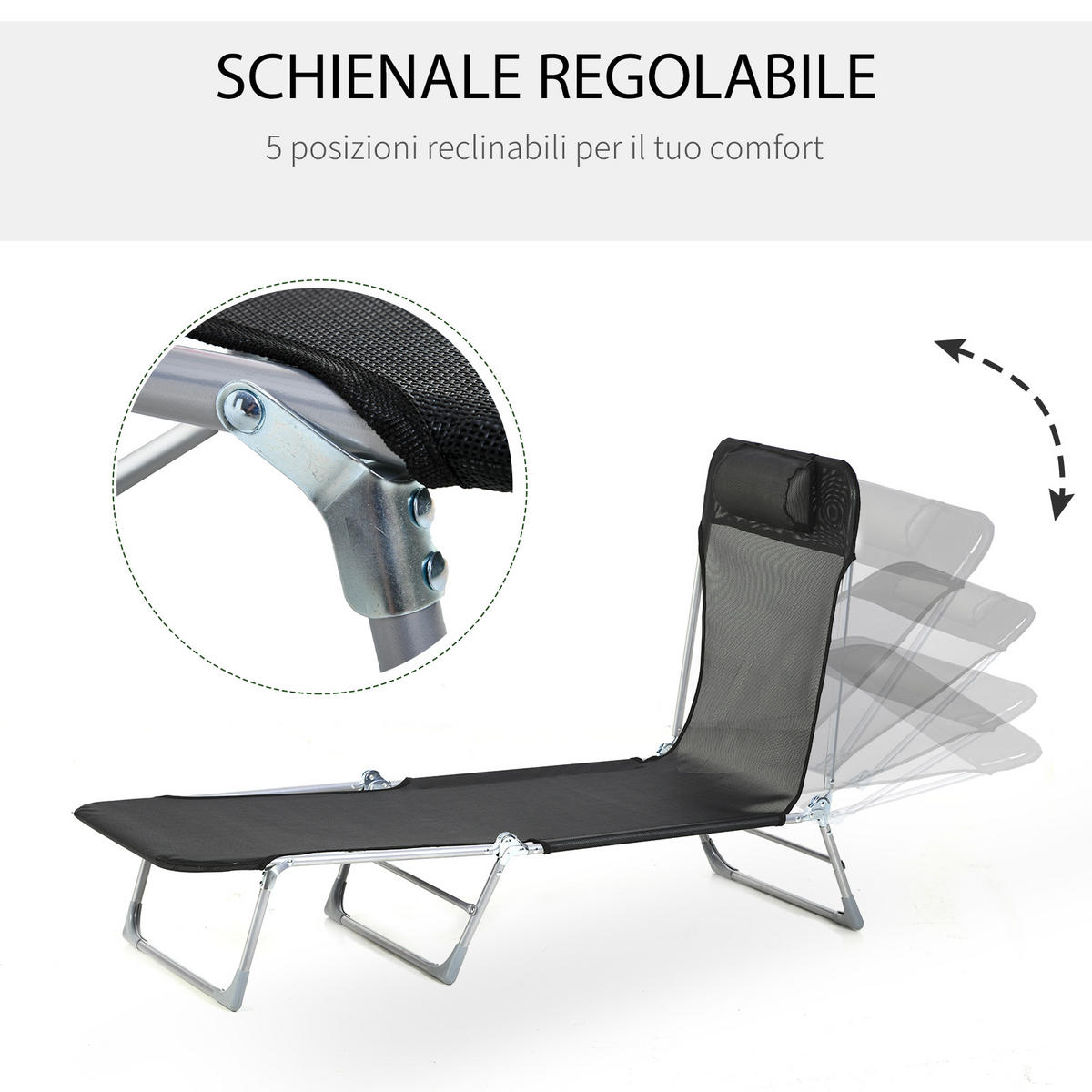 SONNENLIEGE Klappbare Gartenliege mit verstellbarer Rückenlehne und Kissen 182 x 56 x 28 cm ,Schwarz - Schwarz, Metall (56/28/182cm) - Vallsero