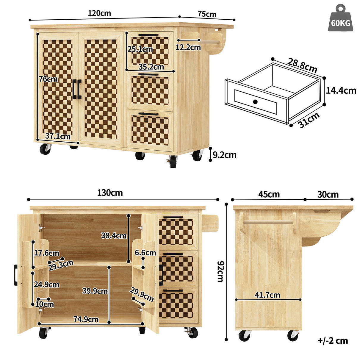 KÜCHENINSEL 120/45-75/92 cm natur mit klappbarer Tischplatte und Rollen - Naturfarben, Holzwerkstoff (120/92/45cm) - OKWISH