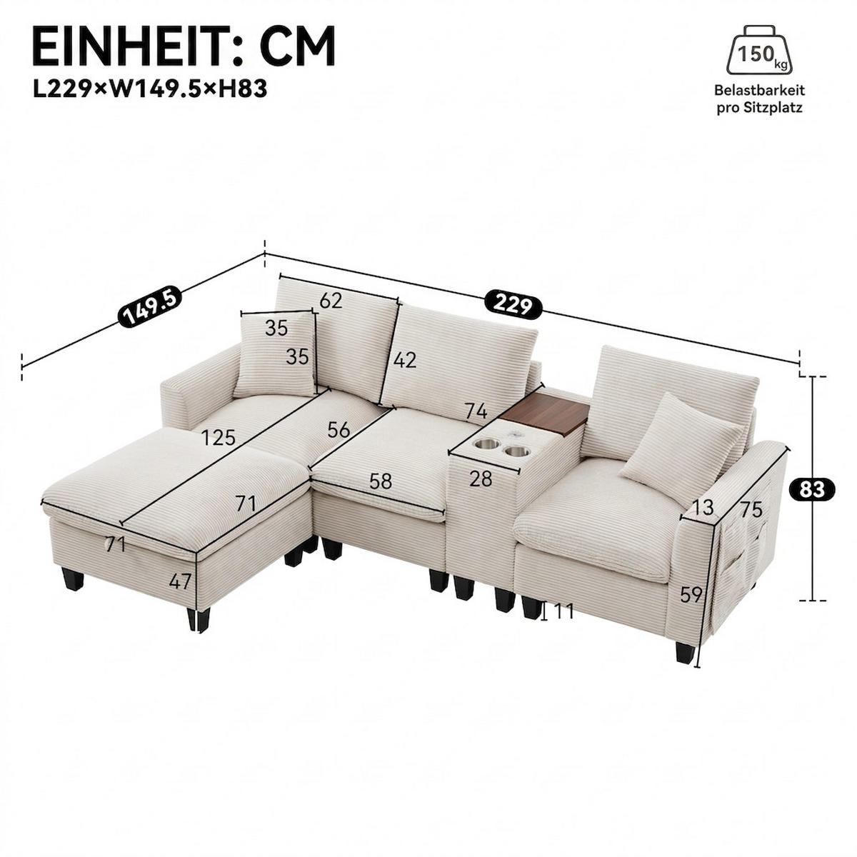ECKSOFA 229/149.5/83 cm Beige mit Konsole, 2 Becherhaltern, USB und Aufbewahrungstasche - Beige, Textil (229/149.5cm) - Oxeza