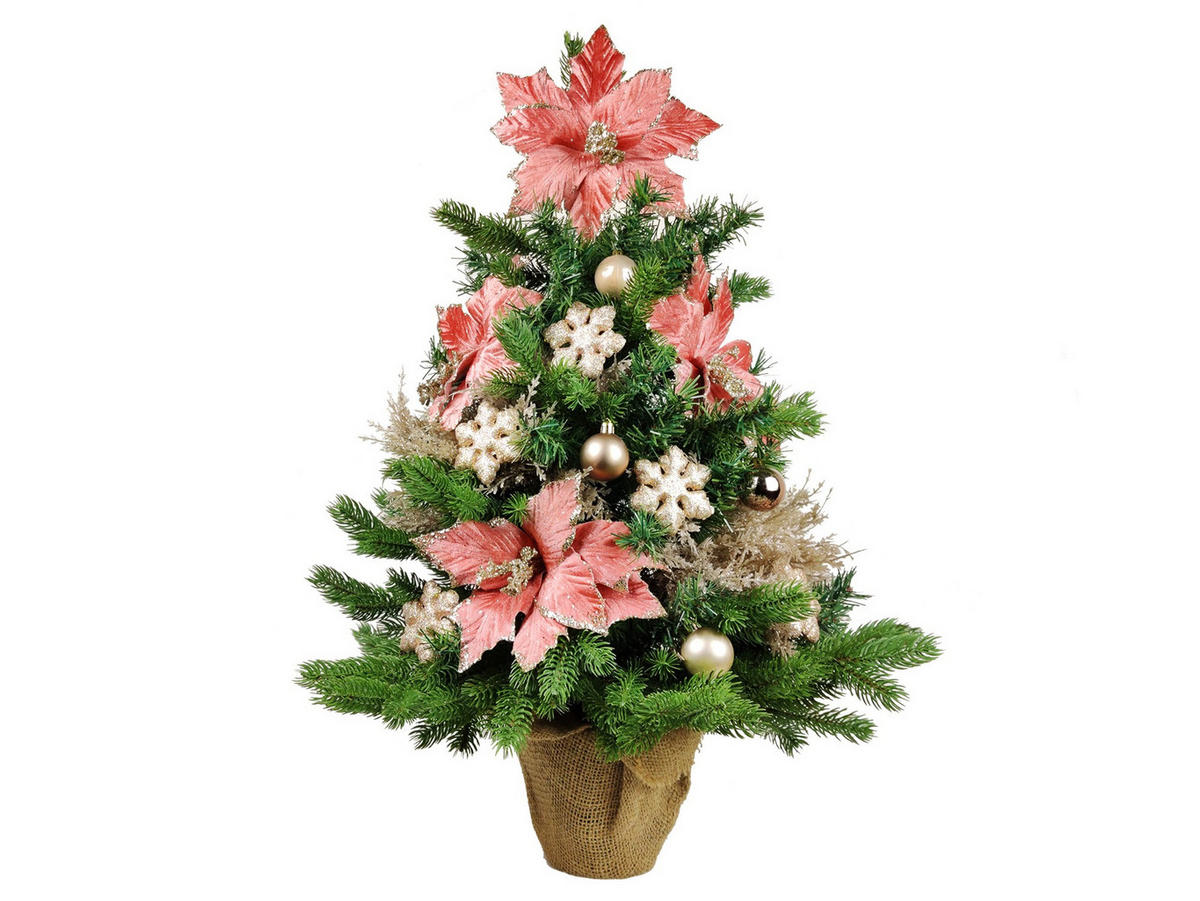LAALU WEIHNACHTSBAUM geschmückt künstlich POMPÉ FLAKE 60 cm mit LED-BELEUCHTUNG IM TOPF - Champagner/Braun, Kunststoff (60cm) - LAALU