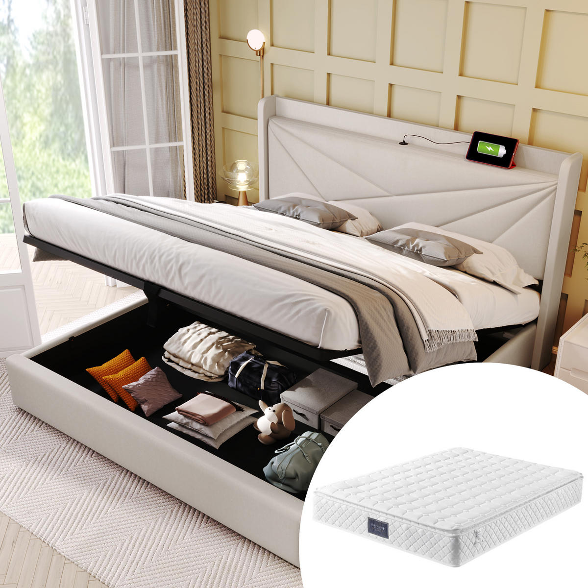 POLSTERBETT 140/200 cm Beige mit Stauraum und USB- und Type-C-Anschlüssen mit Matratze aus Leinen - Beige, Textil (140/200cm) - OKWISH