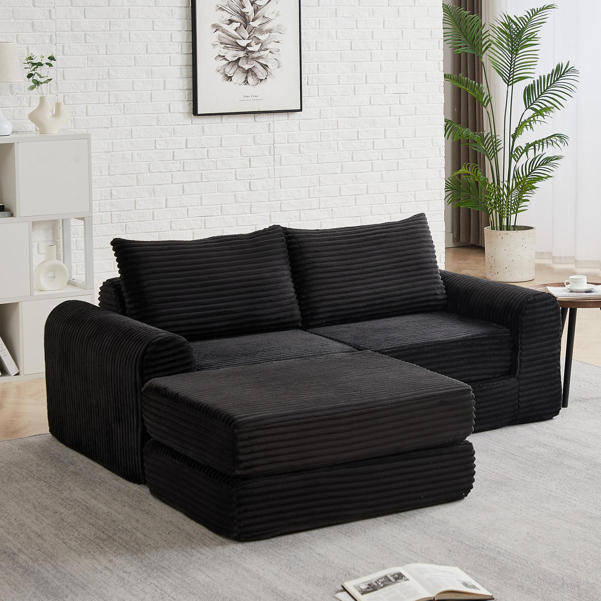 SCHLAFSOFA, Cord mit modularer Fußstütze, als Sofa & Bett, 243/194/53 cm, Schwarz - Schwarz, Textil (243/53/194cm) - Redom