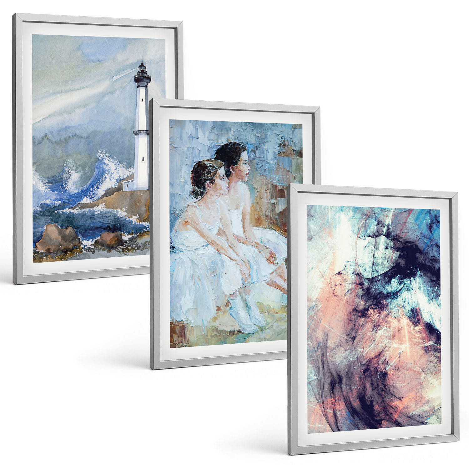 BILDER SET 3er Set - 40x60 cm Silberner Rahmen - Leuchtturm-Abstrakte Tänzerin - Silberfarben, Kunststoff (40/60cm) - TULUP