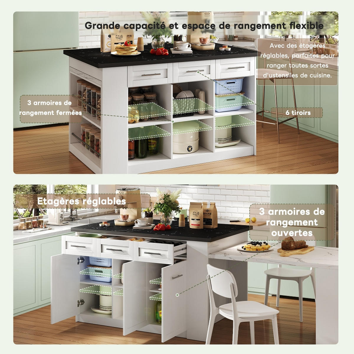 KÜCHENINSEL MIT ESSTISCH ausziehbar, Marmor-Optik, Weiß-Schwarz, 150/90/90 cm - Weiß, Kunststoff (90/90/150cm) - Rolipo