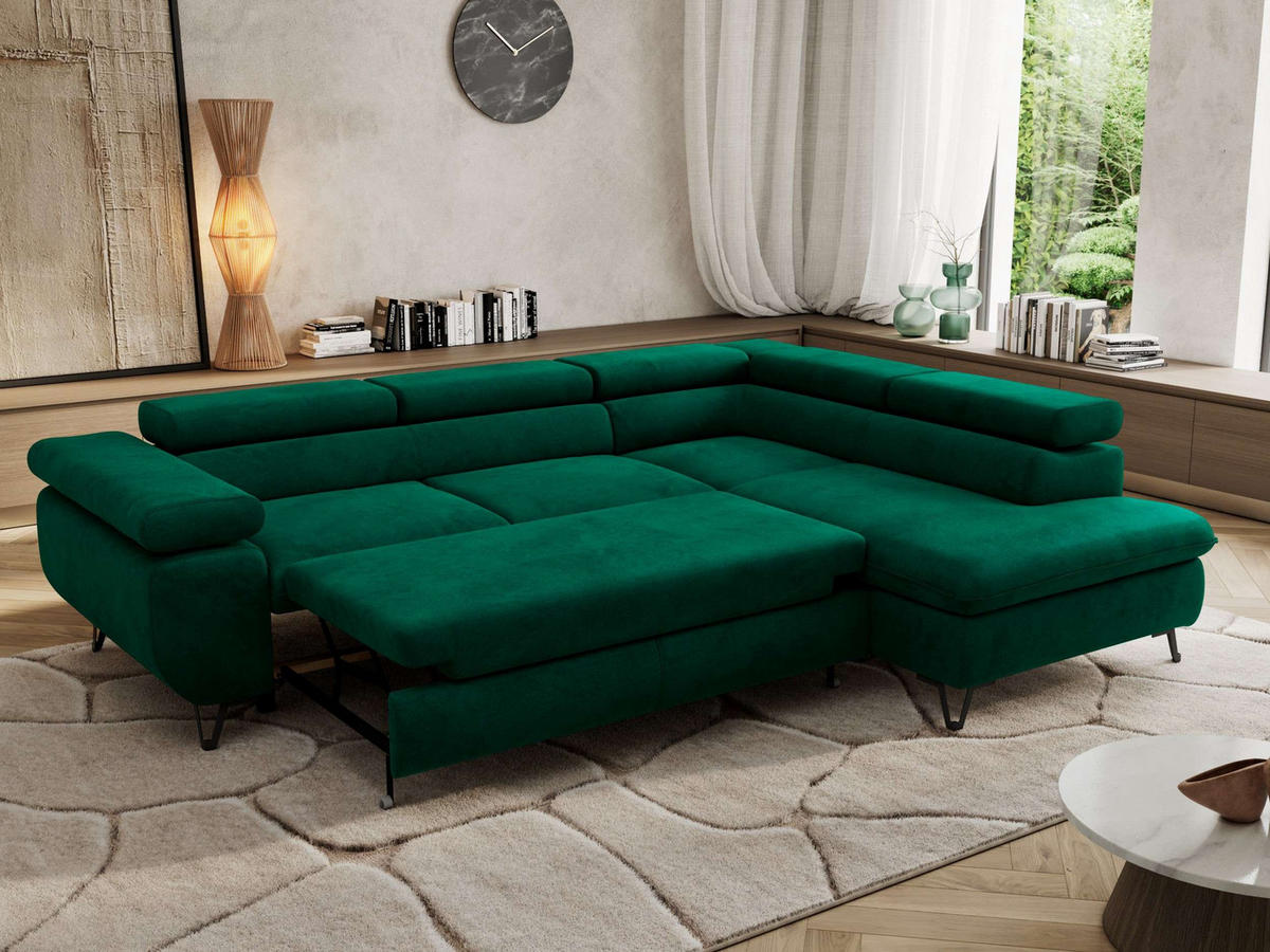 ECKSOFA PABLO L Dunkelgrün Velvet - Rechts Seite mit T25 Topper - Dunkelgrün/Schwarz, Textil/Metall (273/208cm) - MKS