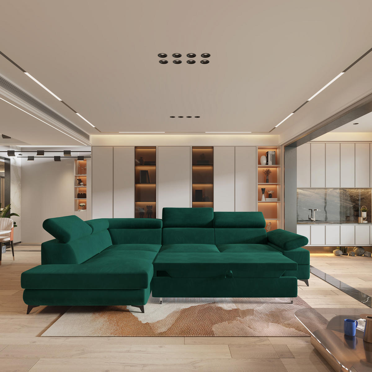 ECKSOFA FAVIEN L-S Grün Velours-Stoff mit Schlaffunktion - Grün, Holz (257/190cm) - MASSENO