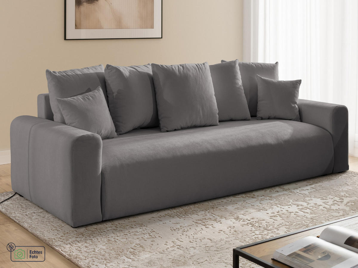 SCHLAFSOFA Calma mit Bettkasten im Bumpy-Design aus weichem Taupe Webstoff - Taupe/Schwarz, Holz/Kunststoff (239/88/98cm) - S-Style