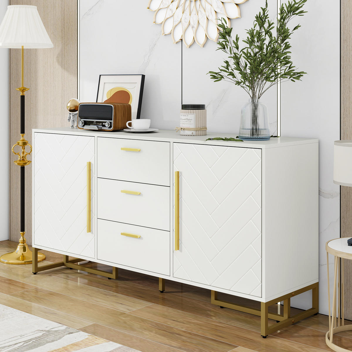 SIDEBOARD aus MDF und PB Weiß 145x40x75 cm mit 2 Türen, 3 Schubladen und verstellbaren Einlegeböden im Fischgrät-Design - Weiß, Holzwerkstoff (145/75/40cm) - Modfu