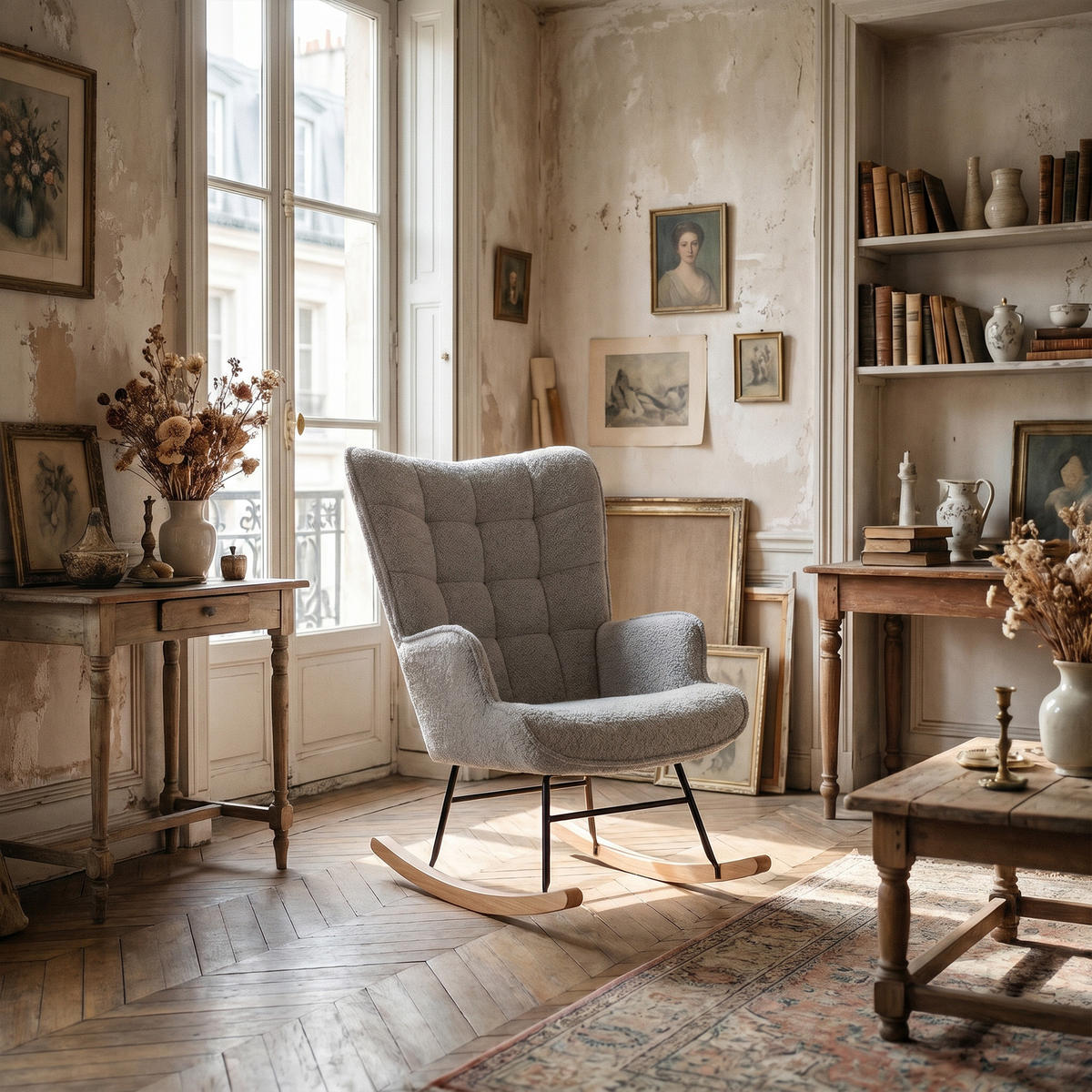 SCHAUKELSTUHL, Entspannend, Teddy-Velours, Belastbarkeit 120 kg, Grau - Grau/Kieferfarben, Holz/Textil (68/92/75cm) - GENKI LIVING