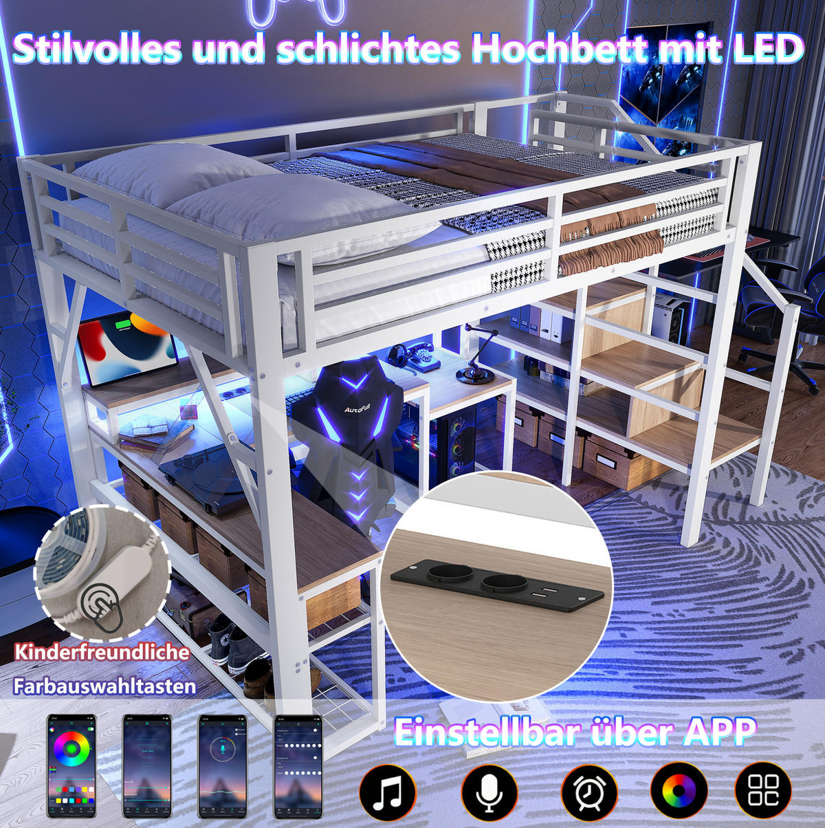 HOCHBETT 140/200 cm in Weiß mit Schreibtisch und LED-Beleuchtung - Weiß, Metall (140/200cm) - Flora Grace