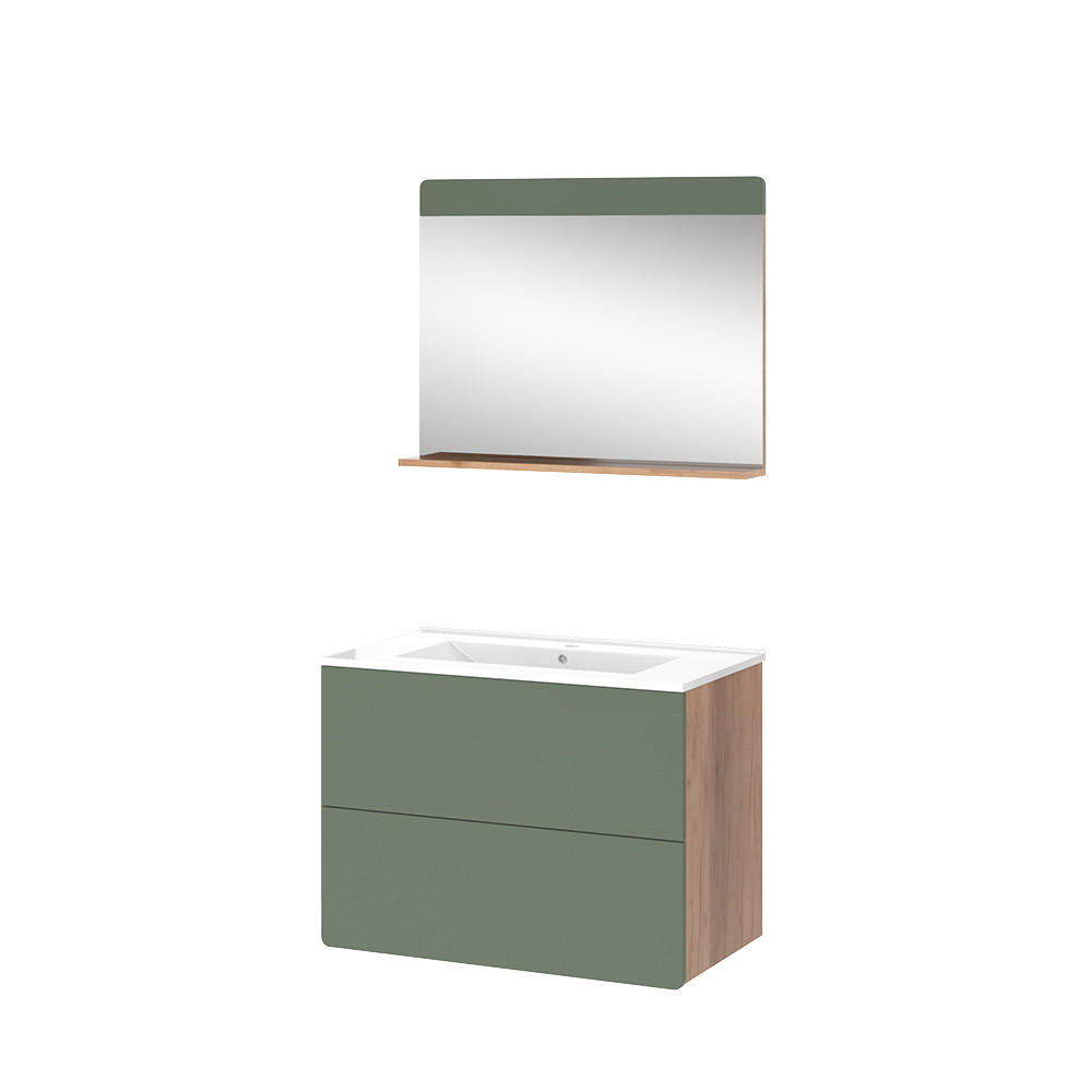BADRUMSMÖBELSET Izan Goldkraft ek/grön 3 delar med spegel Honungsek, Grön 59.3/80/46 cm