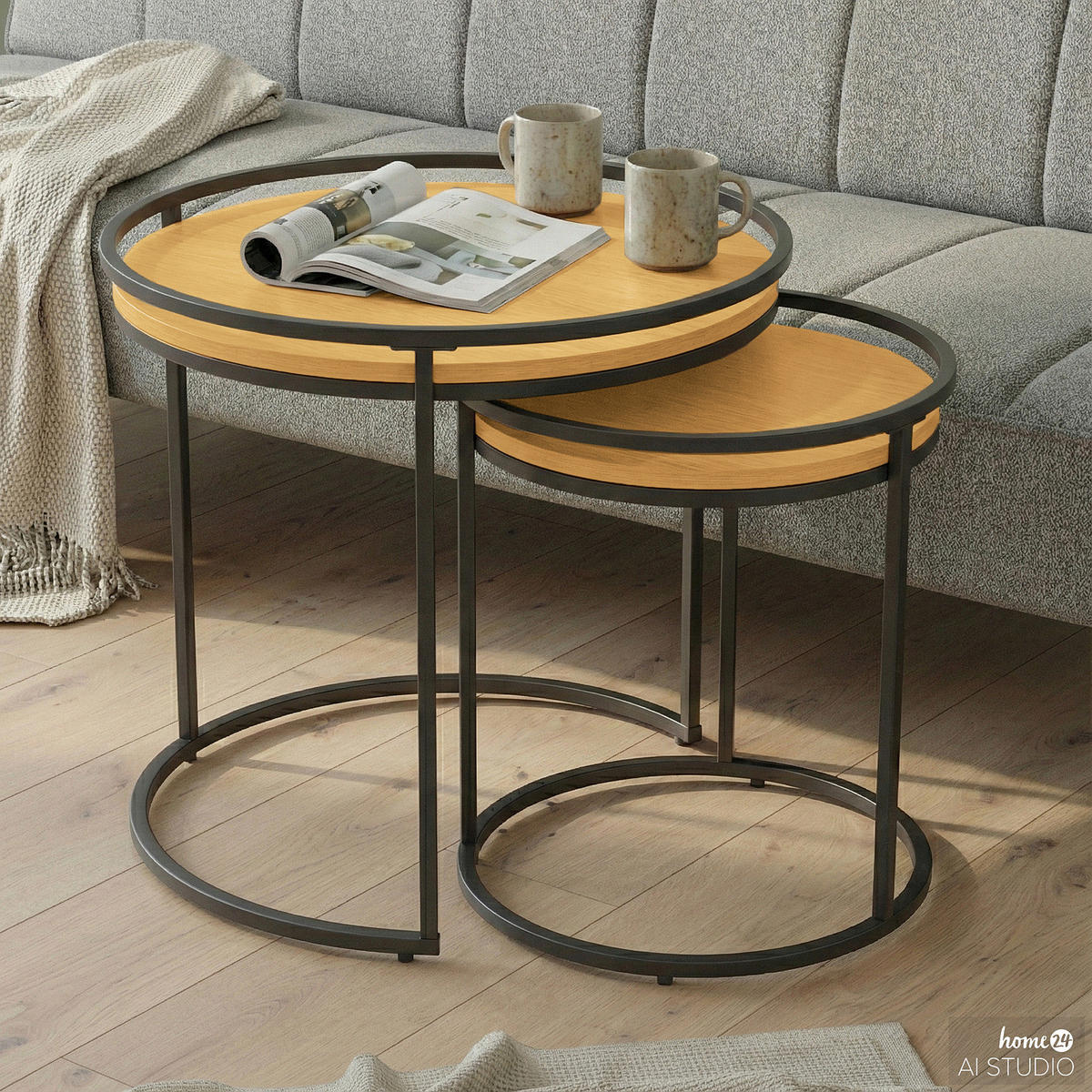 BEISTELLTISCH - 2er-Set - rund - Metall / Spanplatte - Eichefarben/Schwarz, Holzwerkstoff/Metall (50/50/54cm) - home24