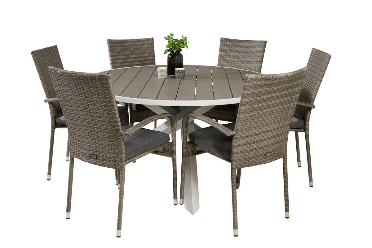 GARTENTISCHGRUPPE, Parma, Tisch Grau, Rattan, 140 x 140 x 73 cm, 7-teilig - Grau, Naturmaterialien - ebuy24