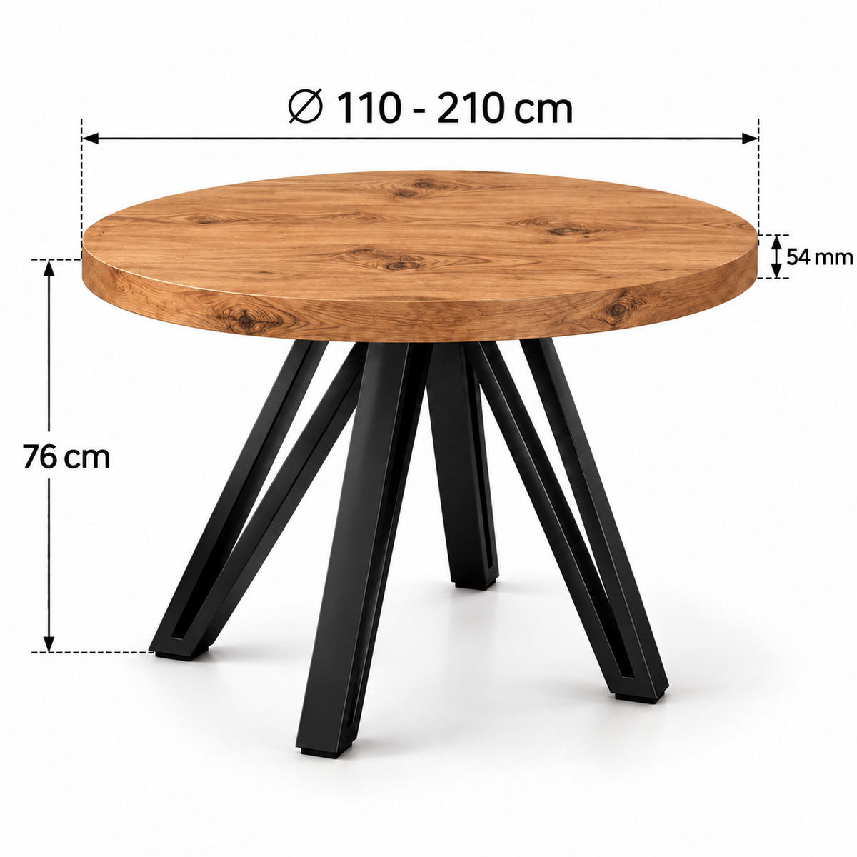 ESSTISCH rund ausziehbar 110/210/76 cm, Eiche Craft, 54 cm Tischplatte + Industrial Metallgestell Schwarz - Eichefarben/Schwarz, Holzwerkstoff/Metall (110/210/76cm) - Damale Möbel