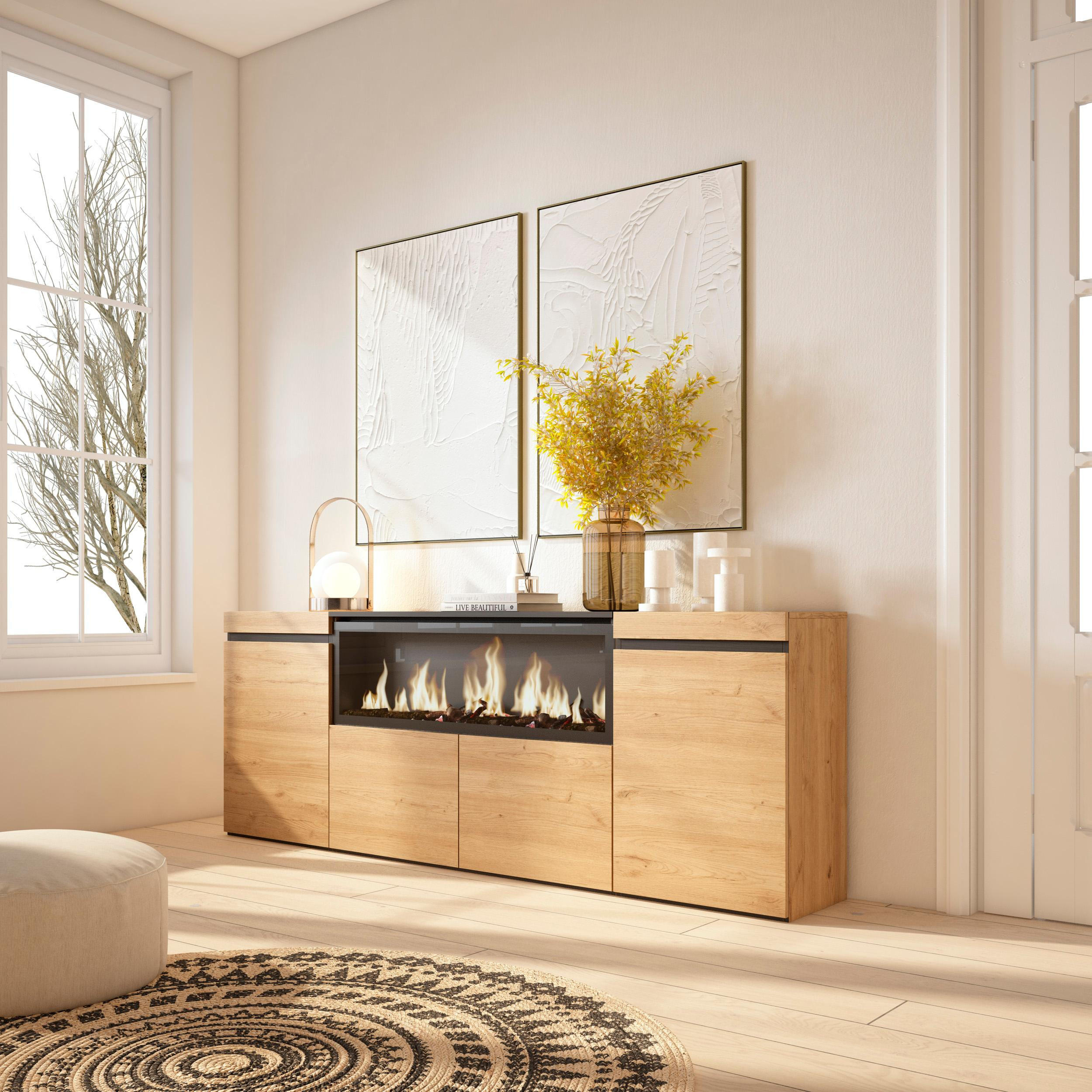 SIDEBOARD Highboard, Elektrokamin XXL, eiche, 208/35/75cm - Eichefarben/Multicolor, Holzwerkstoff (208/75/35cm) - Skraut Home