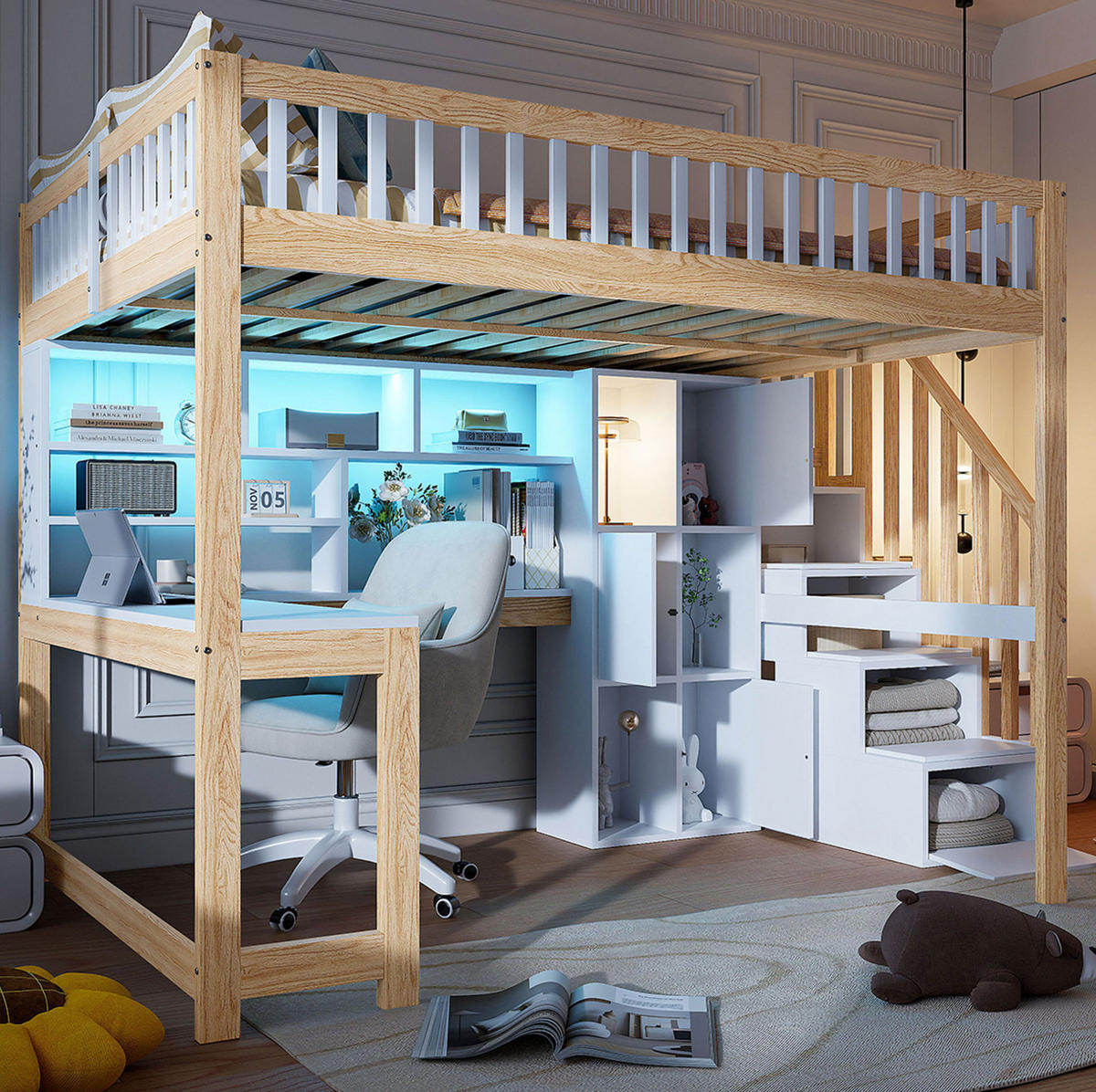 HOCHBETT 140/200 cm Weiß/Natur aus Kiefernholz und MDF mit Schreibtisch - Weiß, Holz (140/200cm) - OKMYHOME