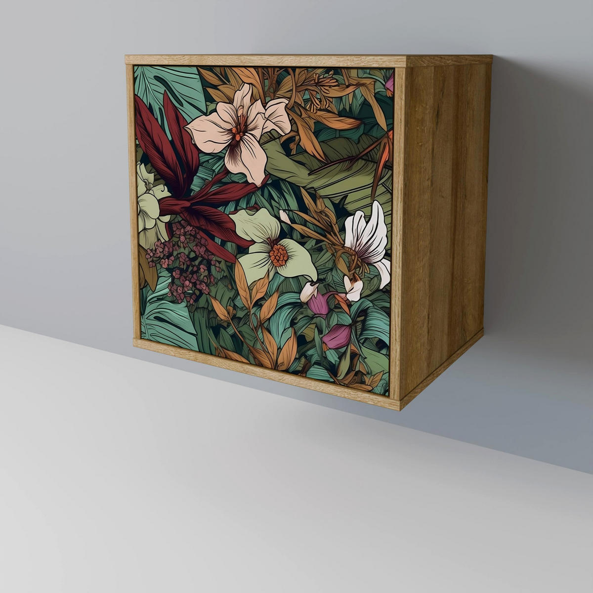SIDEBOARD BOTANICAL EMERGENCE, Eichefarben, 57,5x42x70,5 cm, Schwarze Metall-Sternfüße - Eichefarben/Multicolor, Holzwerkstoff/Metall (57.5/70.5/42cm) - SpaceRebels
