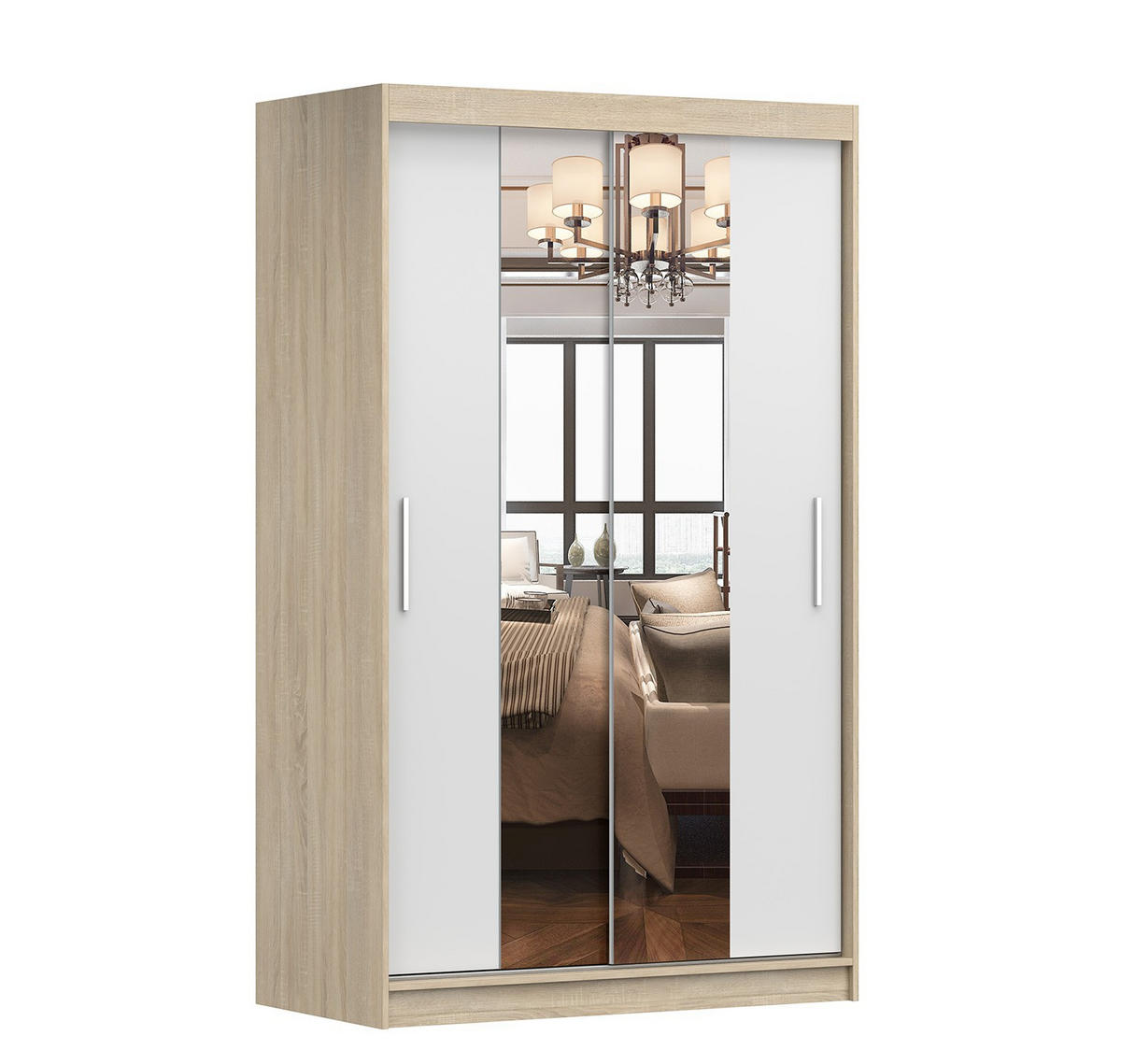 SCHWEBETÜRENSCHRANK Neomi 01 Sonoma Eiche/Weiß mit Spiegel 120 cm - Alufarben/Weiß, Holzwerkstoff/Kunststoff (120/200/61cm)