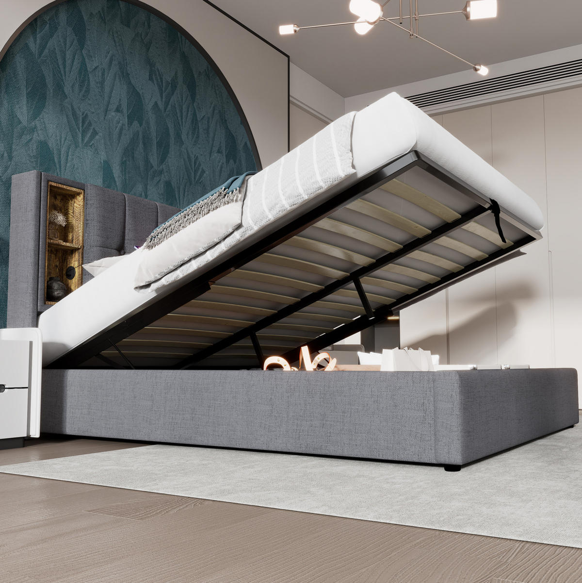 BETT mit Stauraum & Ladestation 140x200 cm Baumwolle Grau - Grau, Metall (140/200cm) - Meubliv