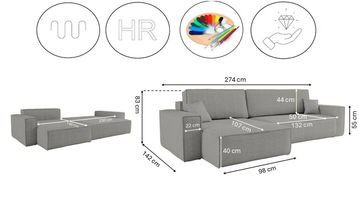 ECKSOFA Mit Schlaffunktion Und Bettkasten, Eckcouch BEST XL Stoff Quelle Grau Links - Schwarz/Grau, Holz/Kunststoff (142/274cm) - Kaiser Möbel