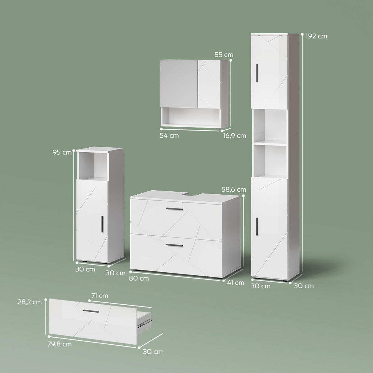 BADMÖBEL-SET Ronco Weiß Hochglanz 4 Teile, mit Schubladenschrank und Hochschrank - Weiß Hochglanz/Weiß, Holzwerkstoff (80/58/41cm) - Livinity®