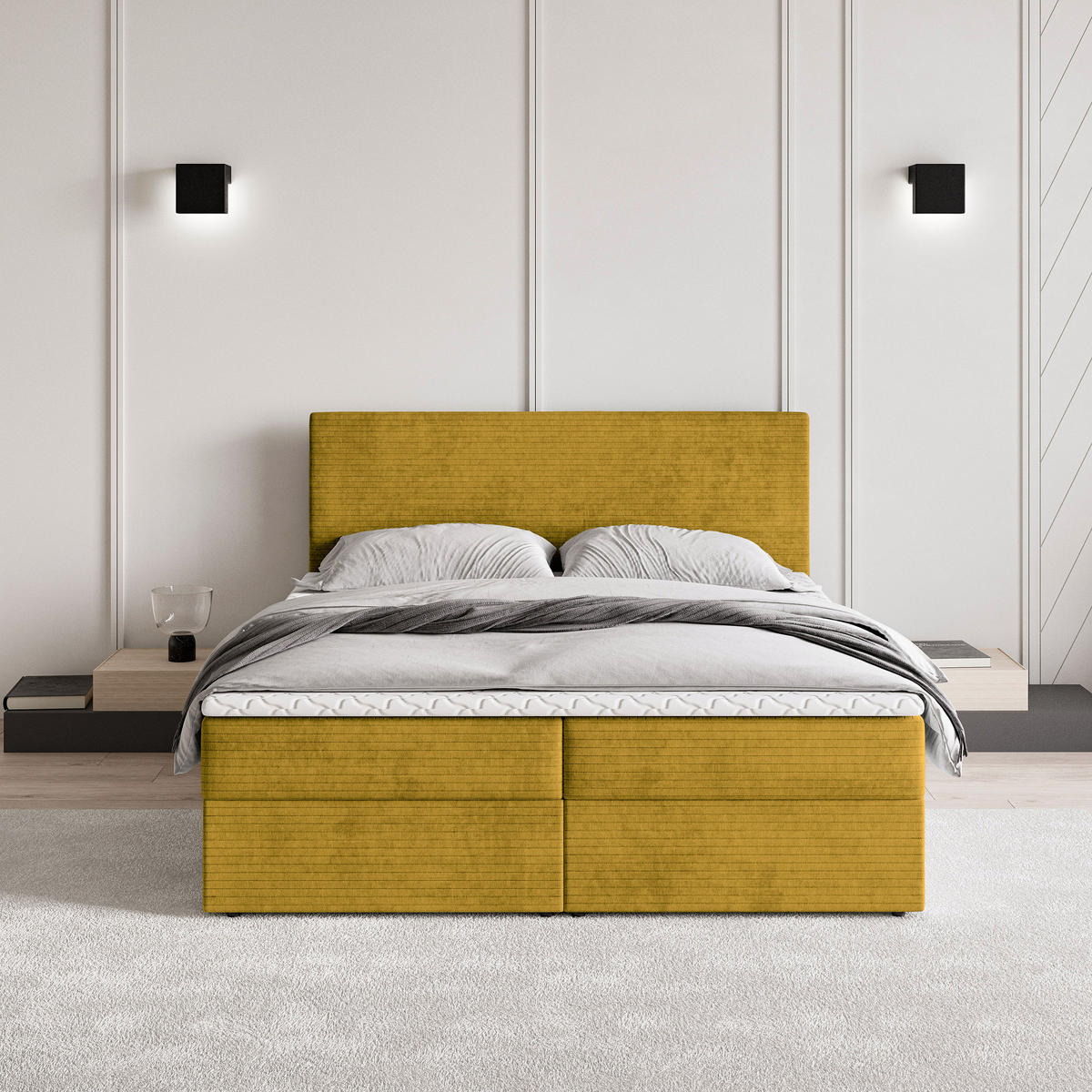 BOXBETT NIRA 180x200 cm mit Matratze und Topper - Gelb - Gelb, Holz (180/200cm) - MASSENO