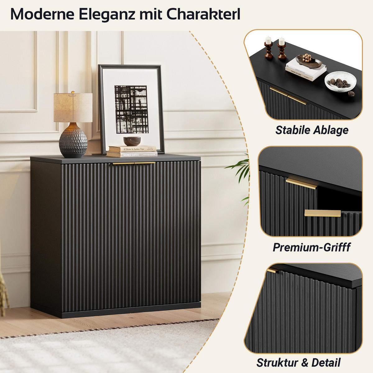 SIDEBOARD 80/40/80 cm in Schwarz mit 2 Türen und strukturierter Front - Schwarz, Holzwerkstoff (80/80/40cm) - Flora Grace