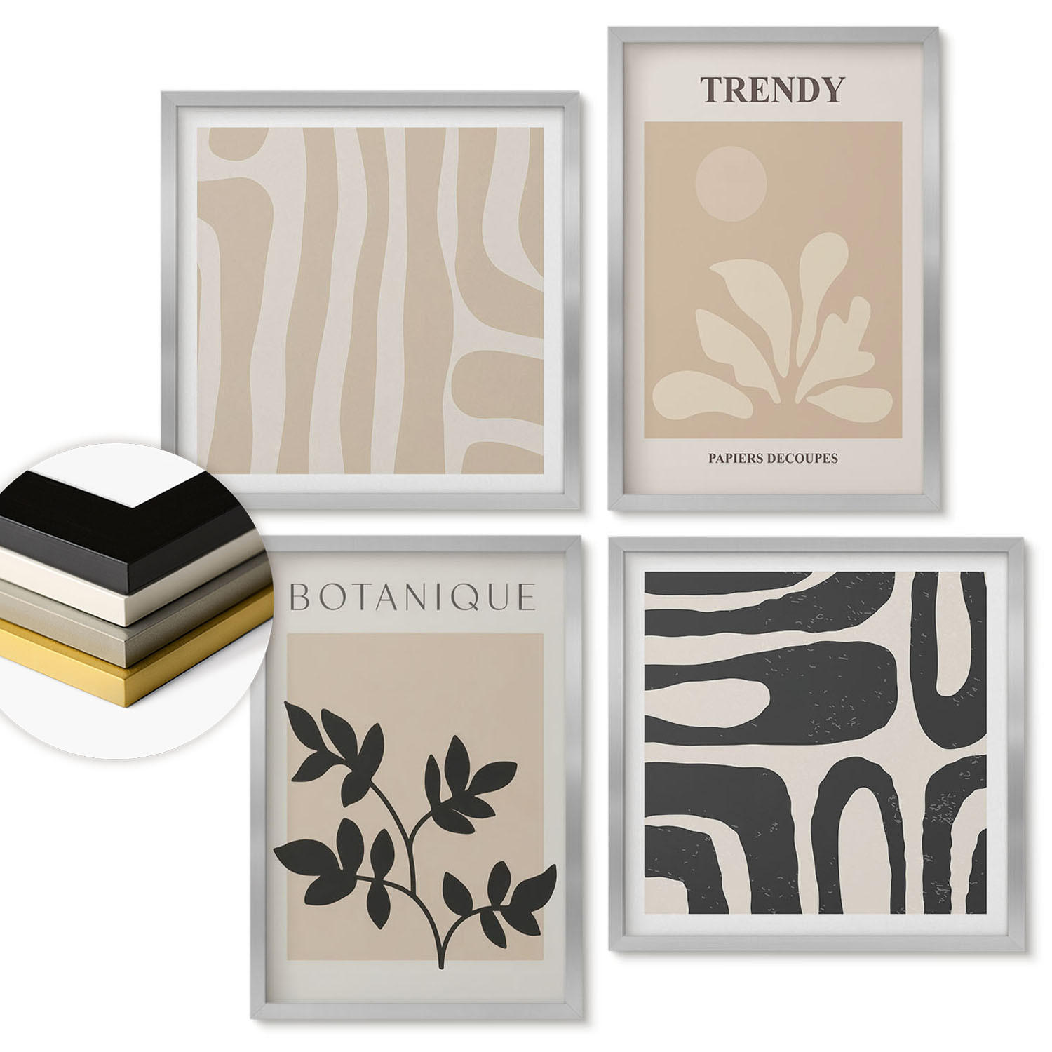 WANDBILDER 4er Set - 50x50 cm & 40x60 cm Silberner Rahmen - Stilvolle Pflanzenmuster in Beige und Schwarz - Silberfarben, Kunststoff (50/50cm) - ArtPrintCave