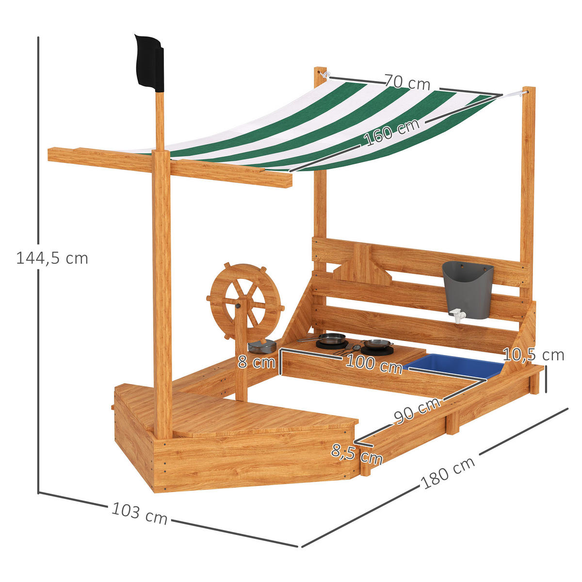 SANDKASTEN groß mit Abdeckung im Schiff Design Matschekiste aus Holz - Orange, Holz (180/103/144.5cm) - Outsunny