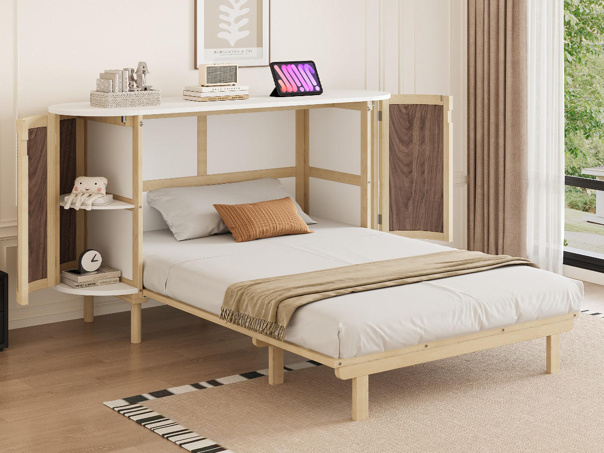 SCHRANKBETT 140/200 cm in Weiß & Natur mit Lattenrost und Staufächern - Eichefarben/Weiß, Holzwerkstoff/Metall (140/200cm) - WISHDOR