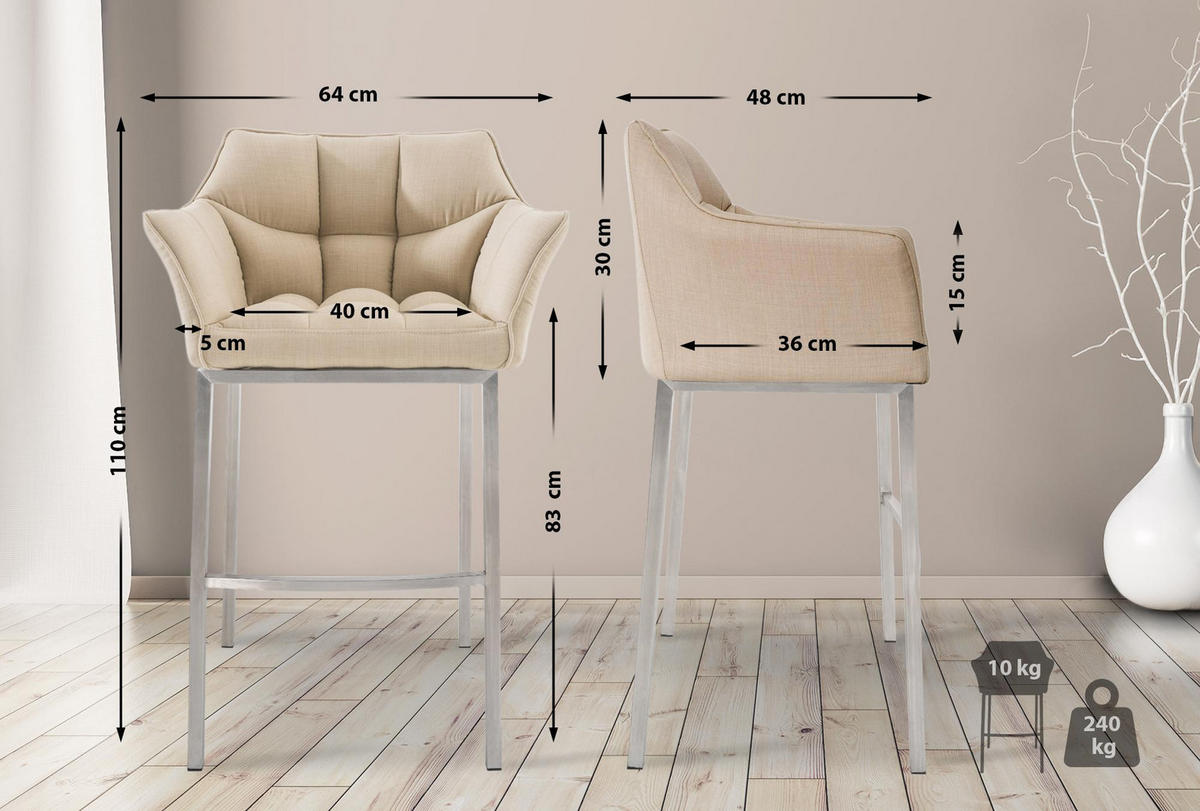 BARHOCKER 2er Set Stoff Creme - Edelstahlfarben/Creme, Textil/Metall (64/110/48cm) - CLP