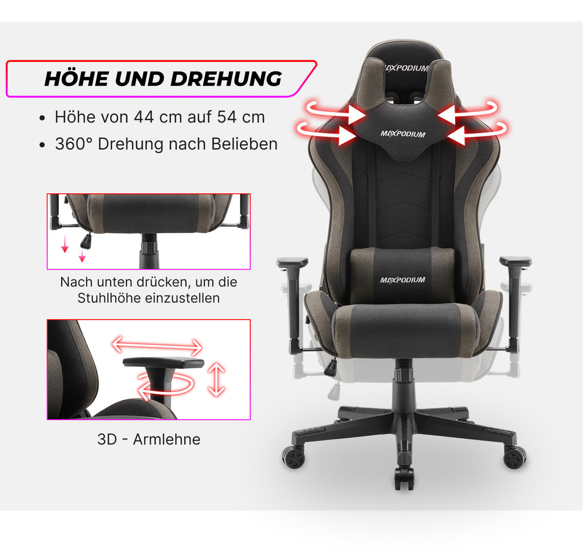 GAMING-STUHL Tactical Grau - Dunkelgrau/Grau, Textil/Metall (55/137/50cm) - MaxPodium