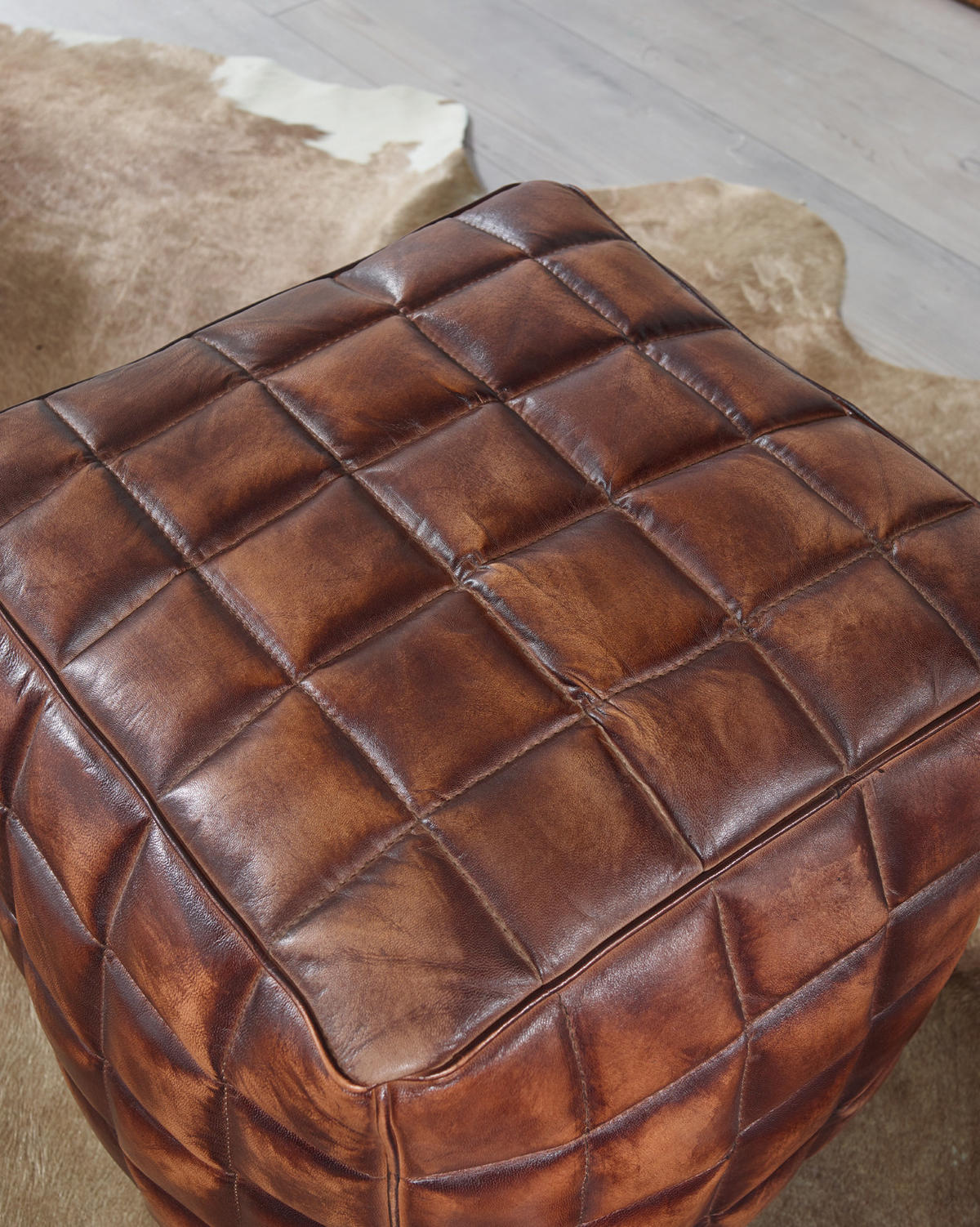 SITZHOCKER – Echtleder, 41x39x39 cm, abgesteppte Quadrate, Used-Look - Braun, Leder (39/41/39cm) - KADIMA DESIGN