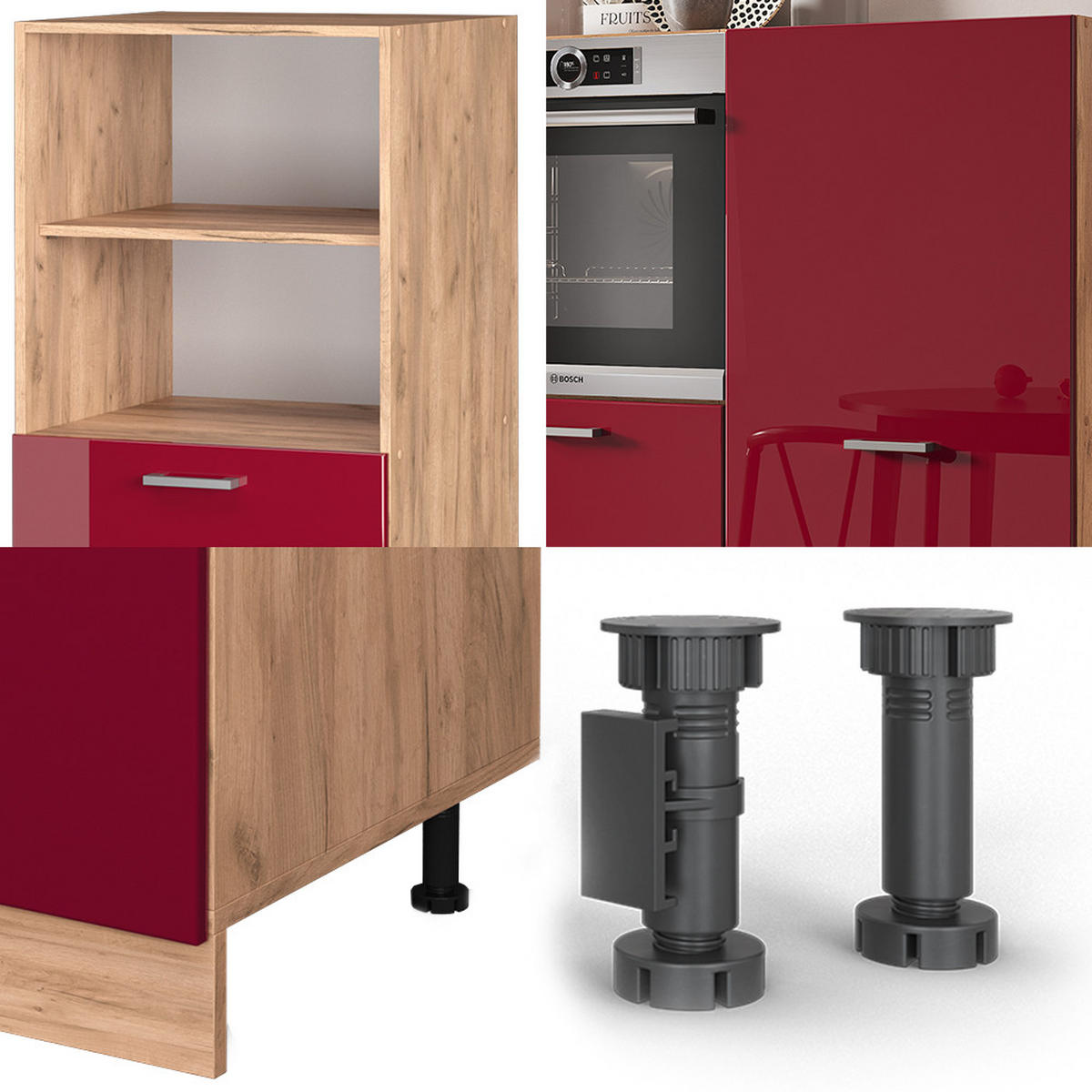 KÜCHENBLOCK R-Line Rot Hochglanz/Goldkraft Eiche 180 cm ohne Arbeitsplatte - Rot/Eiche Wotan, Holzwerkstoff (180/81.6/46cm) - Vicco