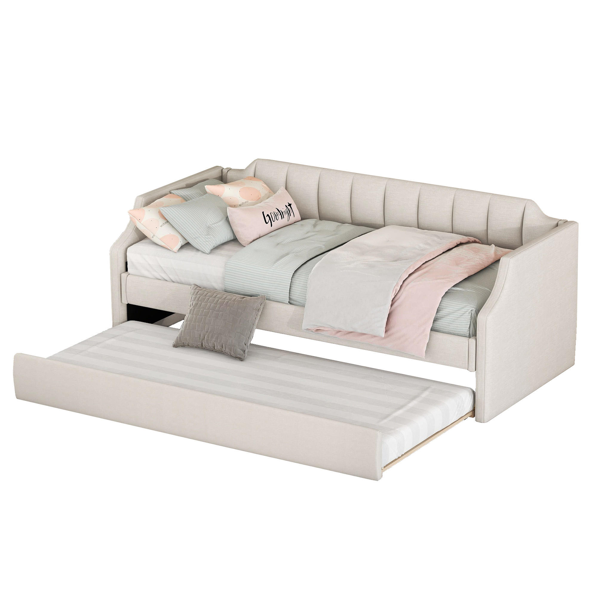 POLSTERBETT 90/200 cm mit Rollbett in Beige – gepolstertes Tagesbett - Beige, Textil (90/200cm) - BEAOK