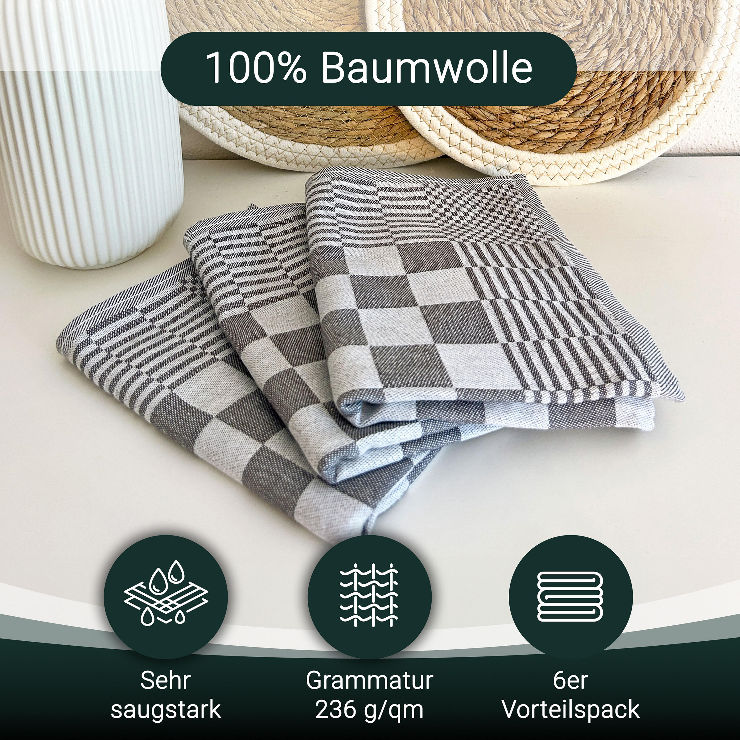 GESCHIRRTÜCHER, 6er-Set, 65x65 cm, 100% Baumwolle, Grau - Anthrazit, Textil (65/65cm) - Zollner