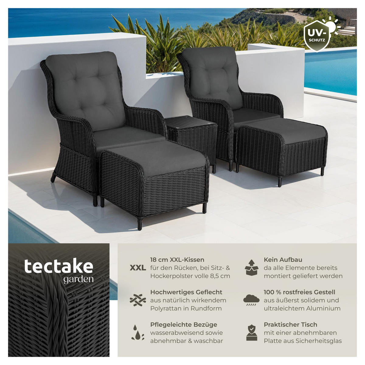RATTAN SITZGRUPPE Benissa,mit Sicherheitsglasplatte,schwarz/grau - Schwarz/Grau, Kunststoff - tectake