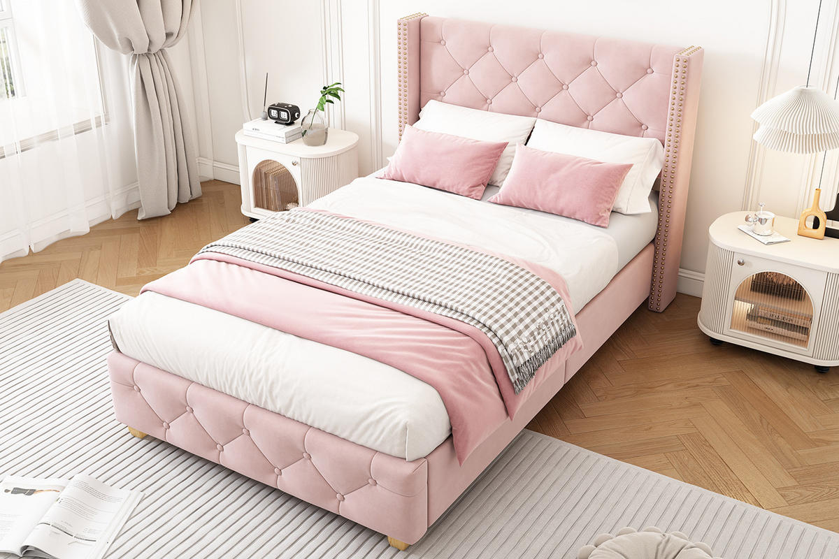 POLSTERBETT 90/200 cm Rosa mit Lattenrost und Knopfpolsterung - Rosa, Textil (90/200cm) - OKWISH