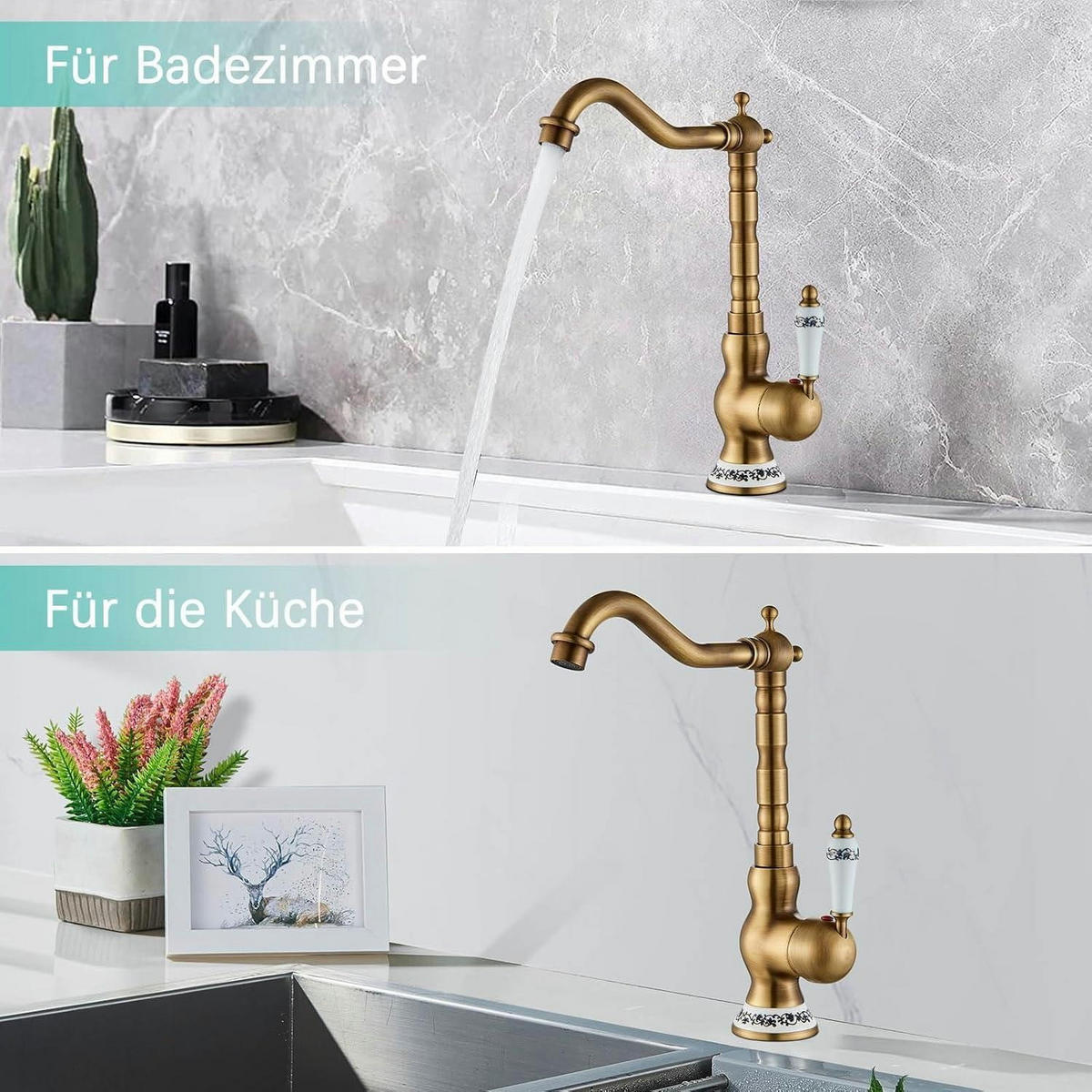 WASCHTISCHARMATUR Keramik Messing Antik 31 cm - Bronzefarben, Metall (24.5/17.5/30.5cm)