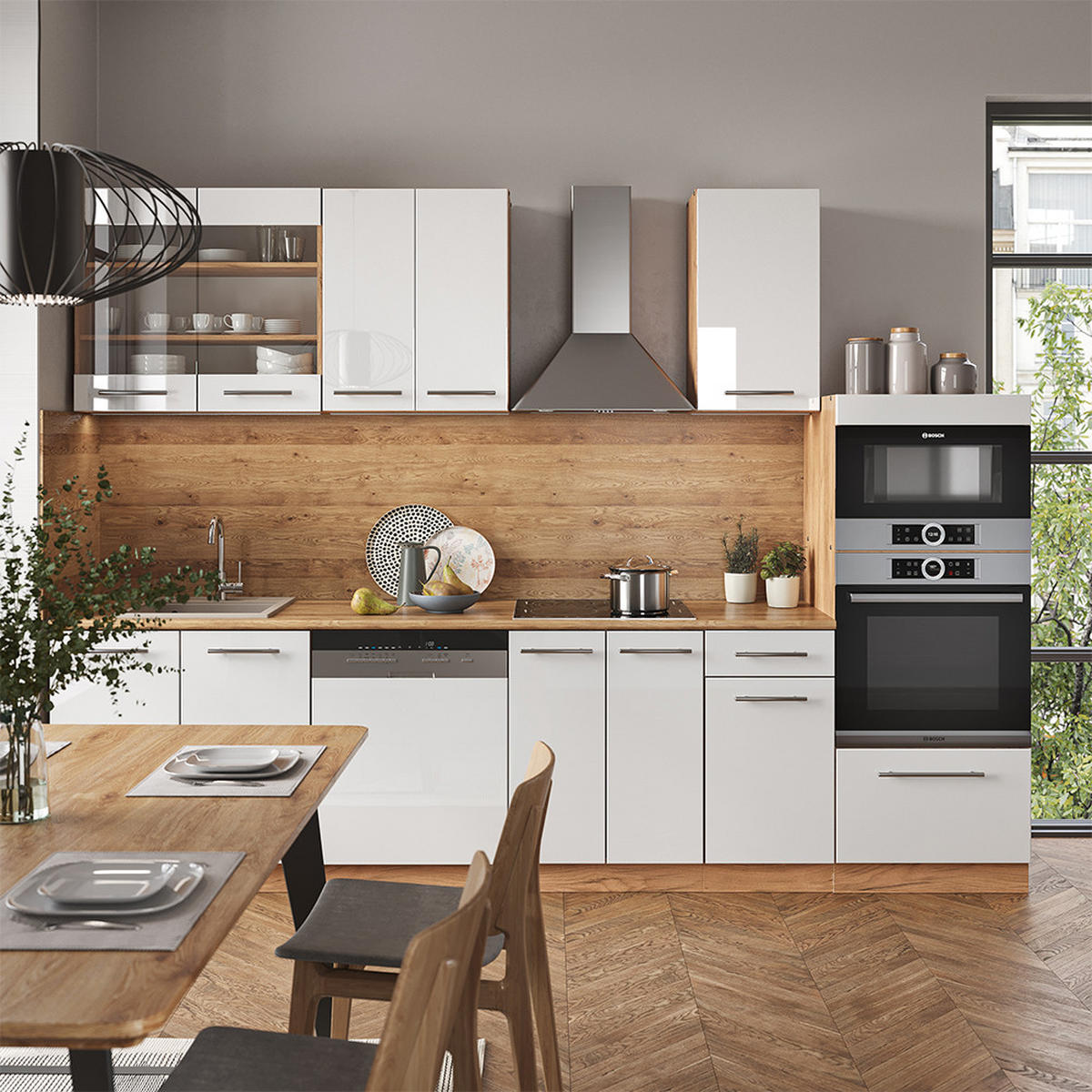 KÜCHENZEILE Fame-Line Weiß Hochglanz/Goldkraft Eiche 300 cm AP Marmor - Honigeiche/Weiß Hochglanz, Holzwerkstoff (300/81.6/60cm) - Vicco