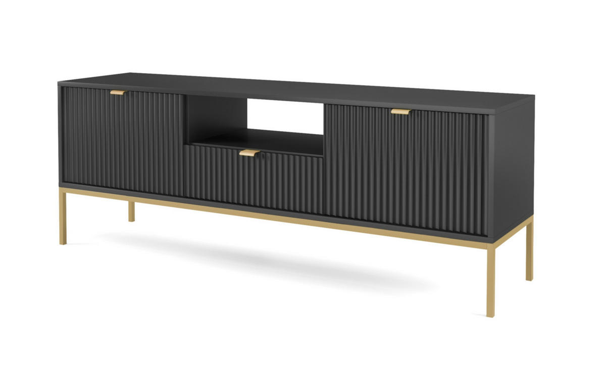 LOWBOARD Eternas 2T 1S Schwarz 154/56/39 cm – goldene Füße, mit geriffelten Fronten und offener Ablage - Goldfarben/Schwarz, Holzwerkstoff (154/56/39cm) - AX Living