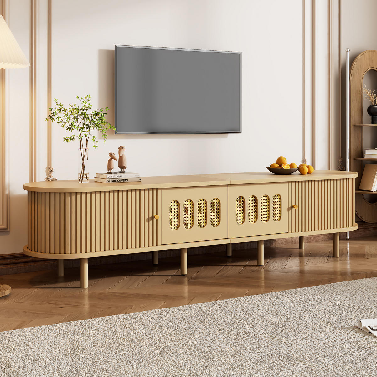 TV-SCHRANK 180/40/40 cm Helles Holz mit Rattan, 2 Türen und 2 Rolltüren - Naturfarben, Holzwerkstoff (180/40/40cm) - Oxeza
