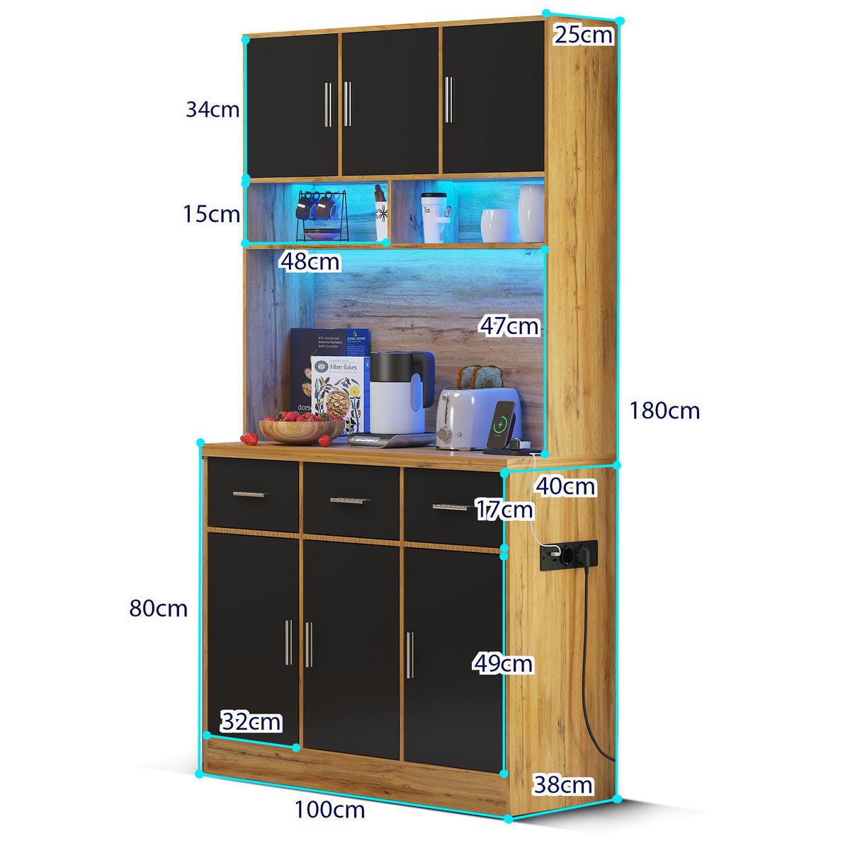 BUFFET 100/40/180 cm in Natur/Schwarz mit LED-Beleuchtung und Steckdosenleiste - Naturfarben, Holzwerkstoff (40/180/100cm) - Flora Grace