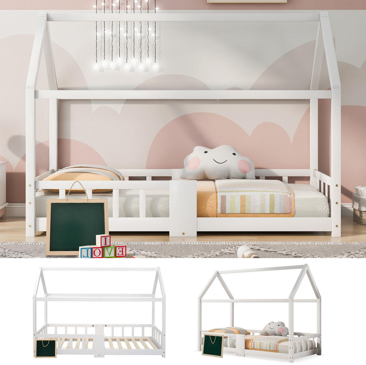 KINDERBETT Hausbett 90/200 cm mit Tafel, Lattenrost und Rausfallschutz aus Massivholz, Weiß - Weiß, Holz (90/90cm) - Redom